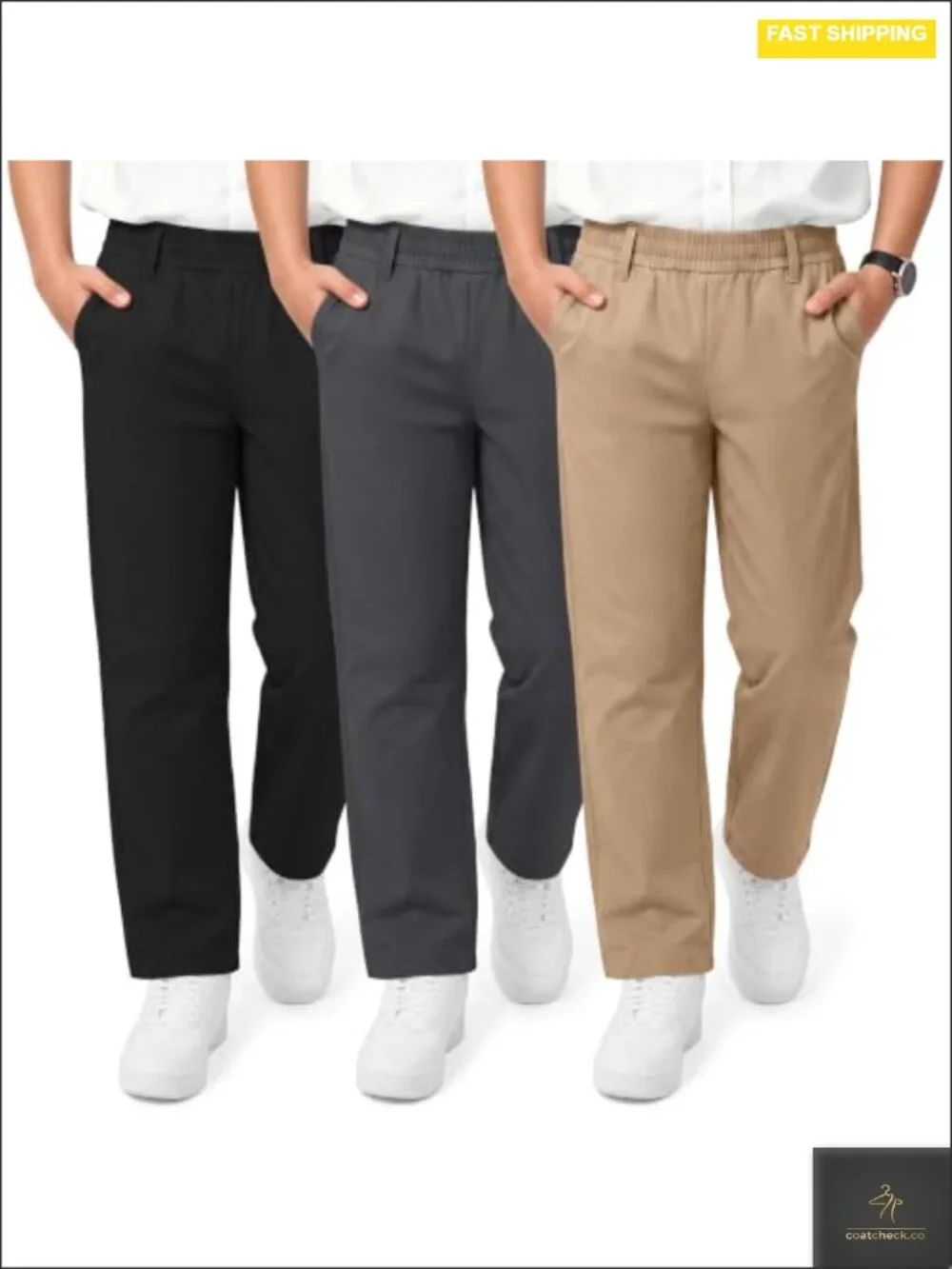 3 Pack Boys School Uniform Pants Elastic Waist Belt Loop Straight Fit